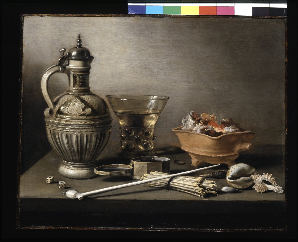 Csendélet kőedény kannával, Berkemeyerrel és dohányzó edényekkel (olaj, fa) alkotó: Pieter Claesz