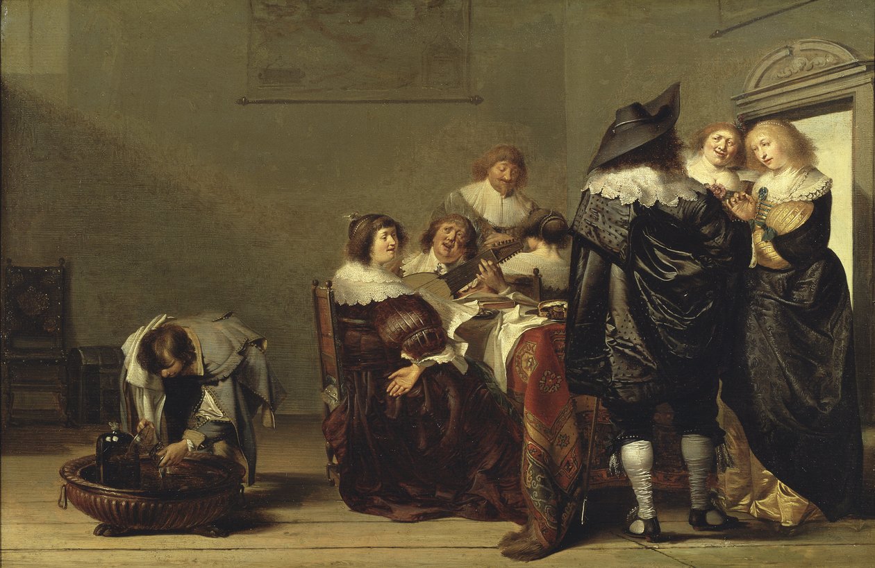 Une fete musicale – Zenés buli, szerző: Codde, Pieter (1599-1678). Olaj, fa. Mérete: 35,5x52,5 cm. Nemzeti Múzeum Stockholm alkotó: Pieter Codde