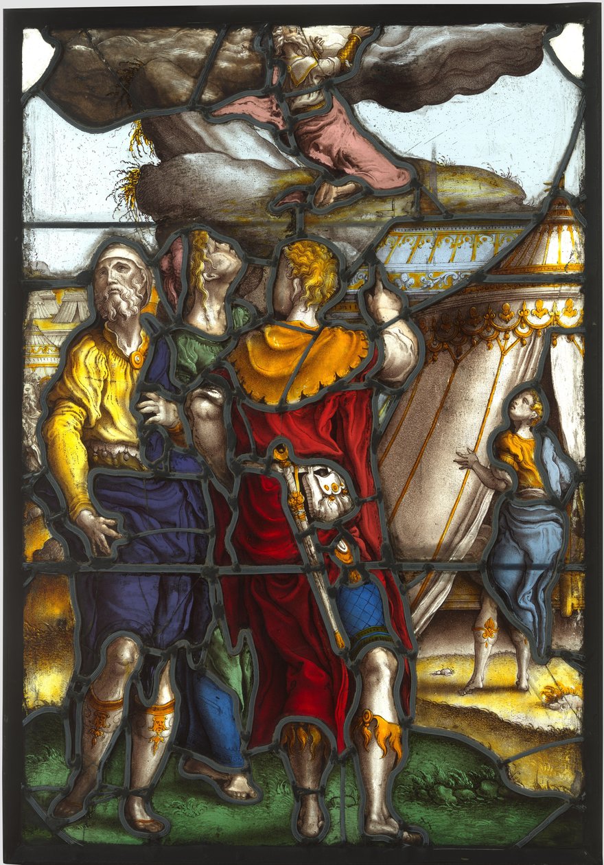 Mózest ábrázoló ablaktábla a Sínai-hegyen alkotó: Pieter Coecke van Aelst (I) (circle of)