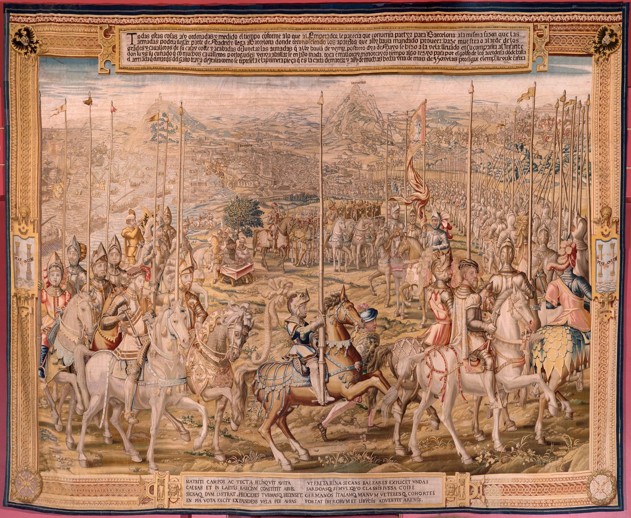 Flamand kárpit. sorozat Tunisz meghódítása; A barcelonai csapatok áttekintése (La revista de las tropas en Barcelona). A sorozat második kárpitja. Jan Vermeyen modell és Pieter Coecke van Aelst. 1543-1548. Gyártás Real Fábrica de Tapices de Sant alkotó: Pieter Coecke van Aelst