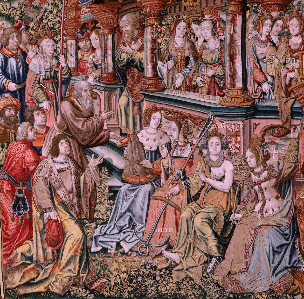 Flamand kárpit. A kitüntetések sorozat. Erény (La Virtu, El Vicio). Nyolcadik kárpit a sorozatban. Modell karikaturisták Bernard van Orley és Jan Gossaert (Mabuse) köréből. Gyártás Pieter van Aelst, Brüsszel. Kb 1550. Szövet Arany, ezüst, selyem a alkotó: Pieter Coecke van Aelst