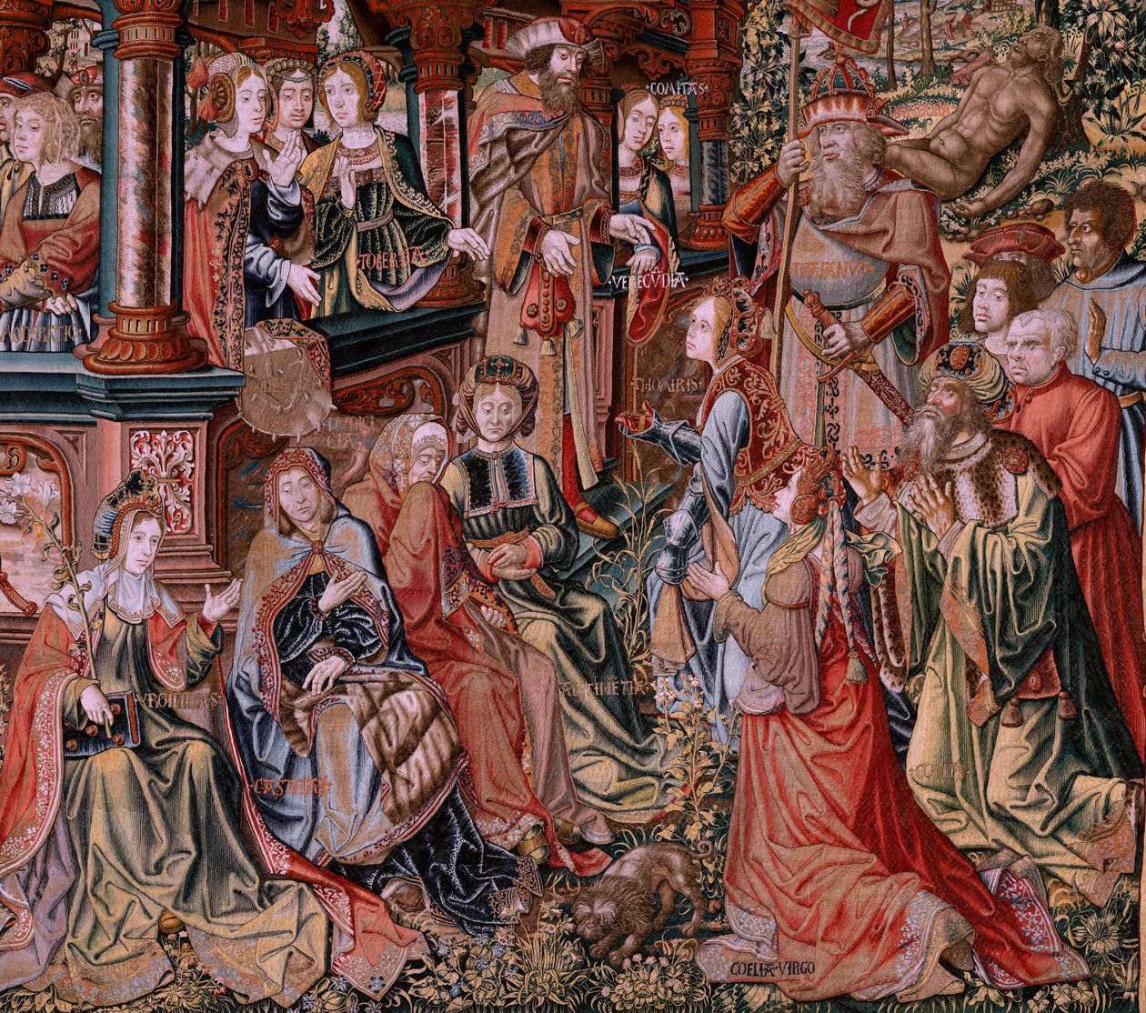 Flamand kárpit. A kitüntetések sorozat. Erény (La Virtu, El Vicio). Nyolcadik kárpit a sorozatban. Modell karikaturisták Bernard van Orley és Jan Gossaert (Mabuse) köréből. Gyártás Pieter van Aelst, Brüsszel. Kb 1550. Szövet Arany, ezüst, selyem a alkotó: Pieter Coecke van Aelst