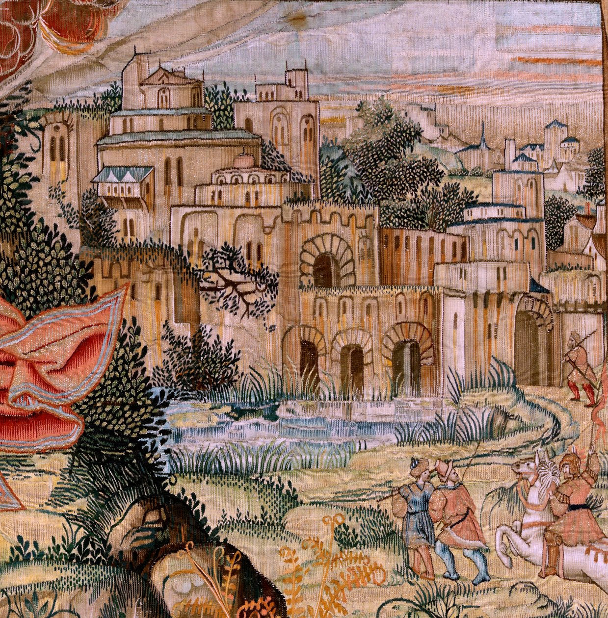 Flamand kárpit. Krisztus szenvedése sorozat. A keresztről való leszállás (Descendimiento). A Patrimonio Nacionalhoz tartozó Krisztus szenvedésének második kárpitsorozata. Modell karikaturisták Jan van Roome köréből. Gyártás Pieter va alkotó: Pieter Coecke van Aelst