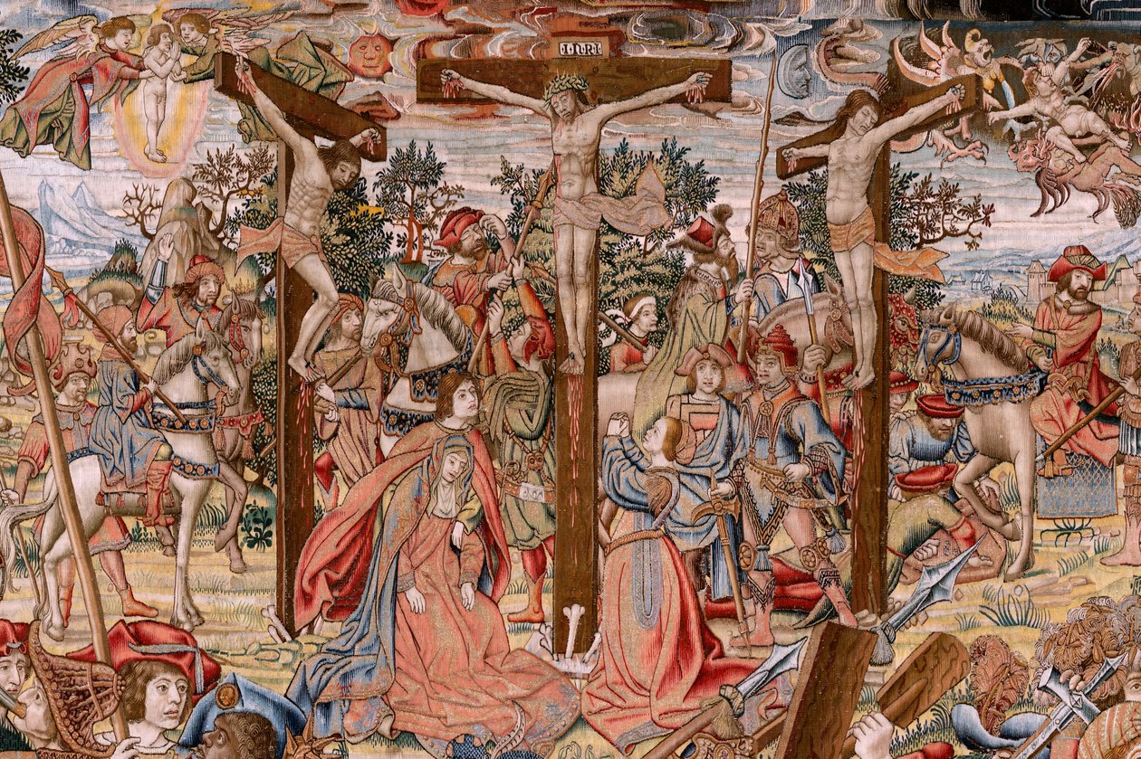 Flamand kárpit. Sorozat Krisztus szenvedése; Út a Kálváriára és találkozás Veronikával (Camino del Calvario y encuentro con la Verónica). A Nemzeti Örökség által őrzött első kárpit. Modell karikaturisták Jan van Roome és Bern köréből alkotó: Pieter Coecke van Aelst