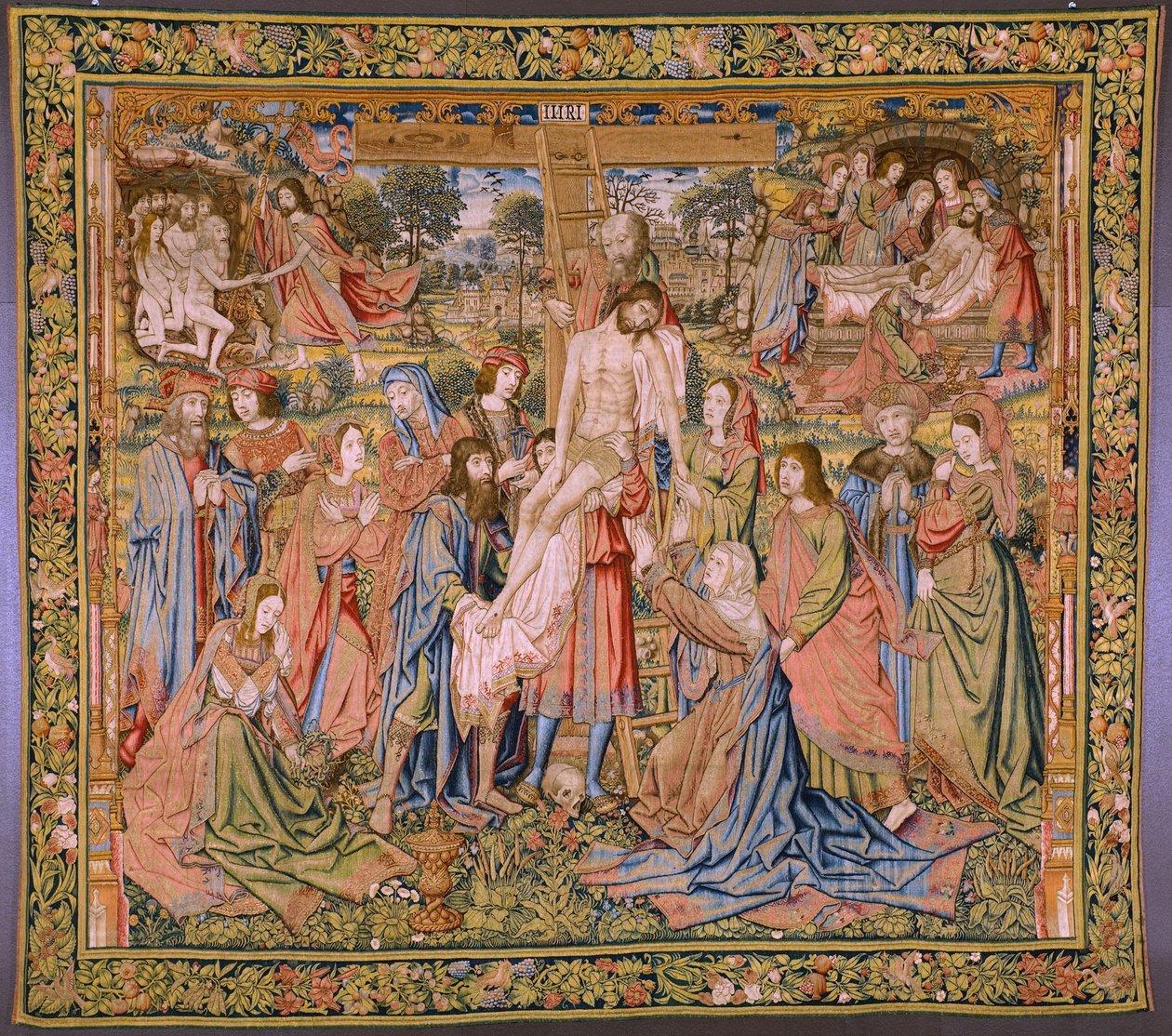 Flamand kárpit. Sorozat Krisztus szenvedése: Leszállás a keresztről (Kruisafneming, Descendimiento de la cruz). Gyártás Pieter van Aelst. Jan van Roome karikaturista. Körülbelül 1507-1520. alkotó: Pieter Coecke van Aelst