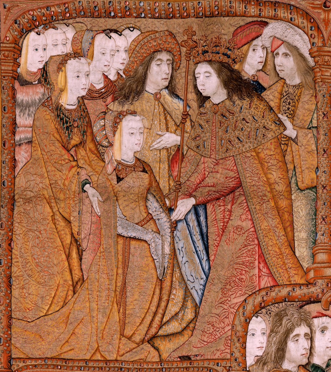 Flamand kárpit. Az anya diadalai vagy a Paños de Oro sorozat. Angyali üdvözlet (La Anunciación). A sorozat második kárpitja. Colin de Cooter modell (?). Gyártás Pieter van Aelst (vagy van Edingen), Brüsszel. Körülbelül 1500-1502. Szövet Arany, ezüst, selye alkotó: Pieter Coecke van Aelst