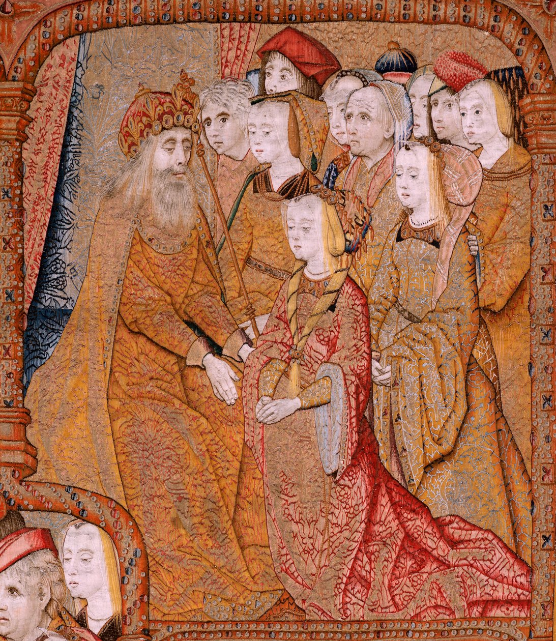 Flamand kárpit. Az anya diadalai vagy a Paños de Oro sorozat. Angyali üdvözlet (La Anunciación). A sorozat második kárpitja. Colin de Cooter modell (?). Gyártás Pieter van Aelst (vagy van Edingen), Brüsszel. Körülbelül 1500-1502. Szövet Arany, ezüst, selye alkotó: Pieter Coecke van Aelst