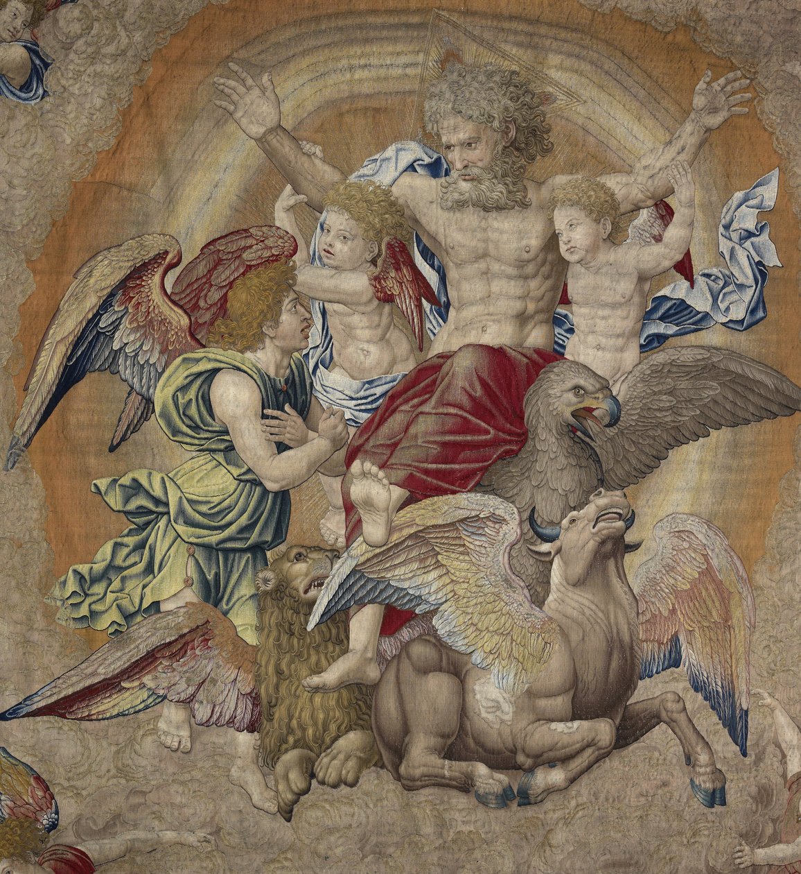 Az Atyaisten a negyedik apostol (tetramorfosz) szimbólumaival, a Szentháromság néven alkotó: Pieter Coecke van Aelst
