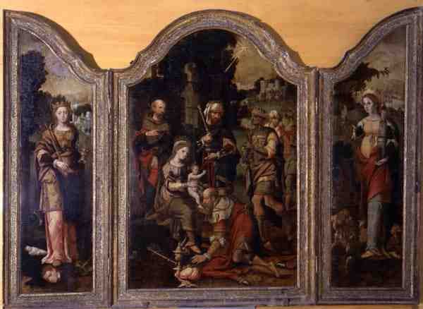A mágusok imádását és két szentet ábrázoló triptichon (olaj, tábla) alkotó: Pieter Coecke van Aelst