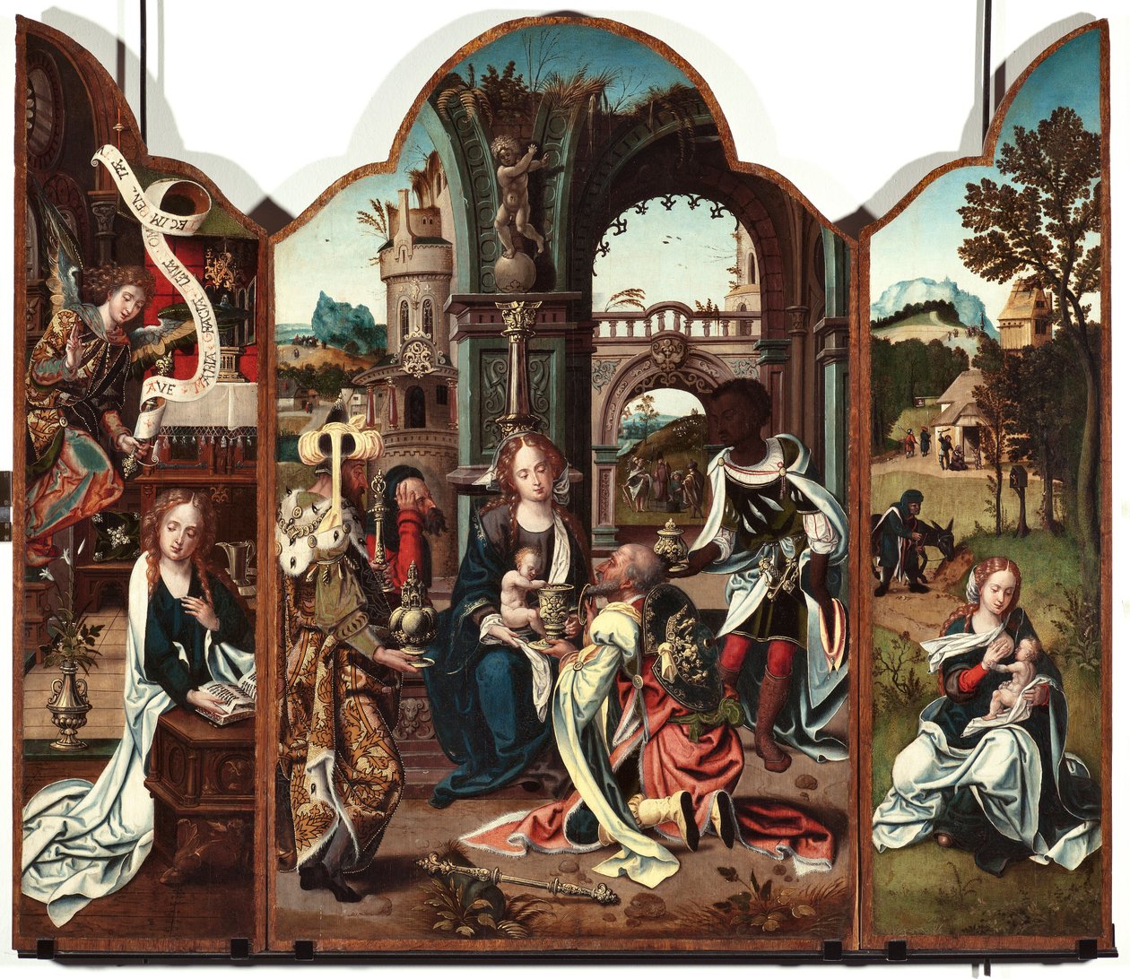 A mágusok imádásának triptichonja Bal oldali panel: Angyali üdvözlet - Jobb oldali panel: Angyali üdvözlet, bal oldalon és Repülés Egyiptomba jobb oldalon Pieter Coeck van Aelst festménye (1502-1550) 16. század Genes Musei di Strada Nuova (ex Palazzo Bianc alkotó: Pieter Coecke van Aelst