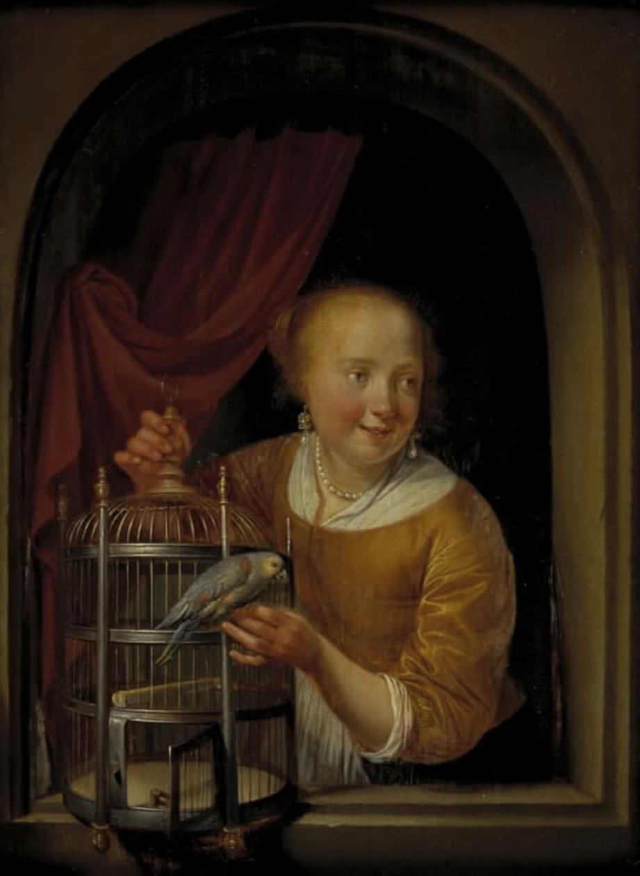 Lány papagájjal alkotó: Pieter Cornelisz. van Slingelandt