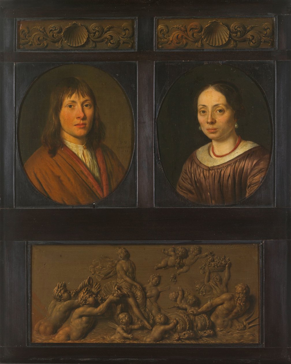 Férfi és nő portréi két díszítő fríz miniatúrával bekeretezve kagylómotívummal és amfitrit diadallal alkotó: Pieter Cornelisz. van Slingelandt