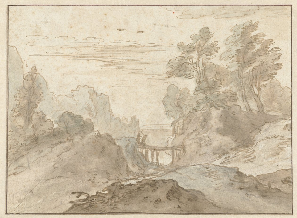 Hegyi táj két figurával egy keskeny hídon alkotó: Pieter Dircksz van Santvoort (possibly)