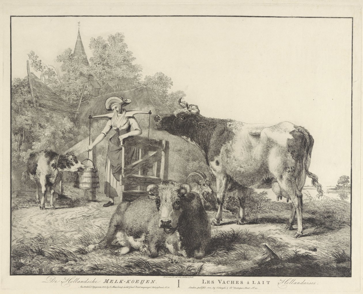 Tehenek és egy fejőslány De Hollandsche Melk-koeijen/ Les vaches â lait hollandaises (cím a tárgyon) alkotó: Pieter Gerardus van Os