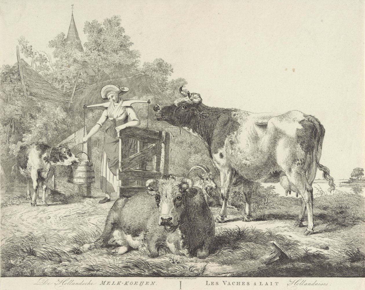 Tehenek és fejőslány De Hollandsche Melk-koeijen/ Les vaches â lait hollandaises (cím a tárgyon) alkotó: Pieter Gerardus van Os