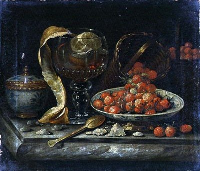Kínai kék-fehér tál és borító csendélete, Glass Roemer, aranykanál és gyümölcs (olaj, vászon) alkotó: Pieter Gerritsz. van (manner of) Roestraten