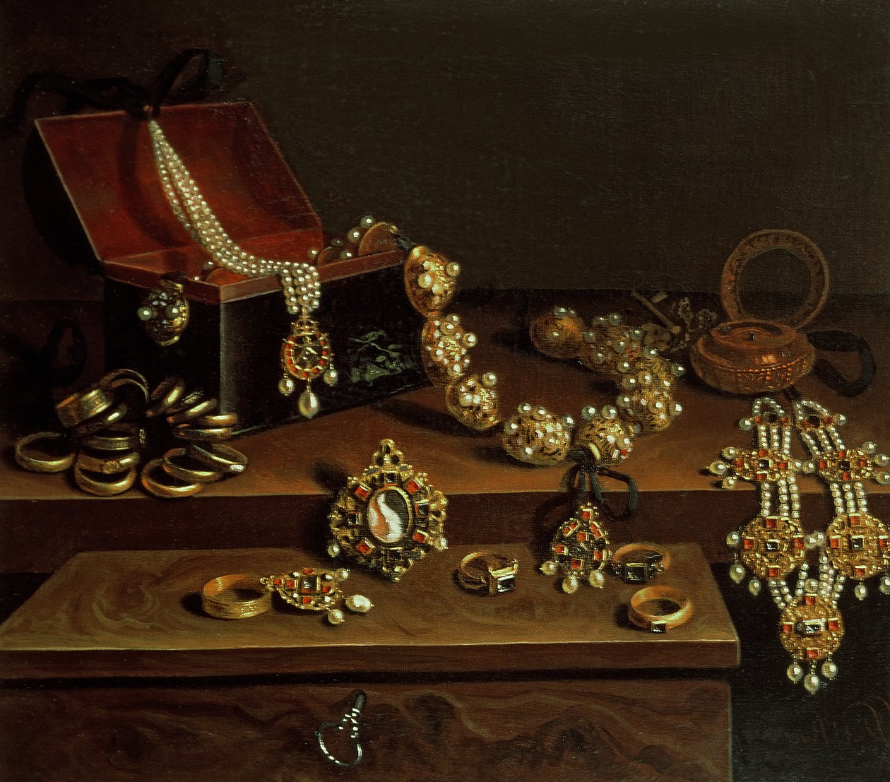 Ékszeres koporsó az asztalon, főleg német eredetű (1600-50) alkotó: Pieter Gerritsz. van Roestraten