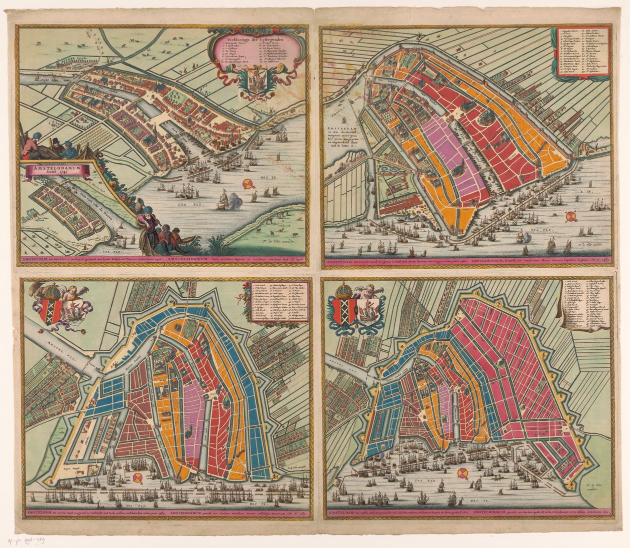 Négy Amszterdam térkép 1400-tól 1612-ig Amsteldam soo it selve már omhaynt (...) (cím a tárgyon) Amszterdam másodszorra nagyítva először Steene Mueren inden jaere 1482 (...) (cím a tárgyon) felirattal bővült Amsteldam negyedik alkotó: Pieter Hendricksz. Schut (possibly)