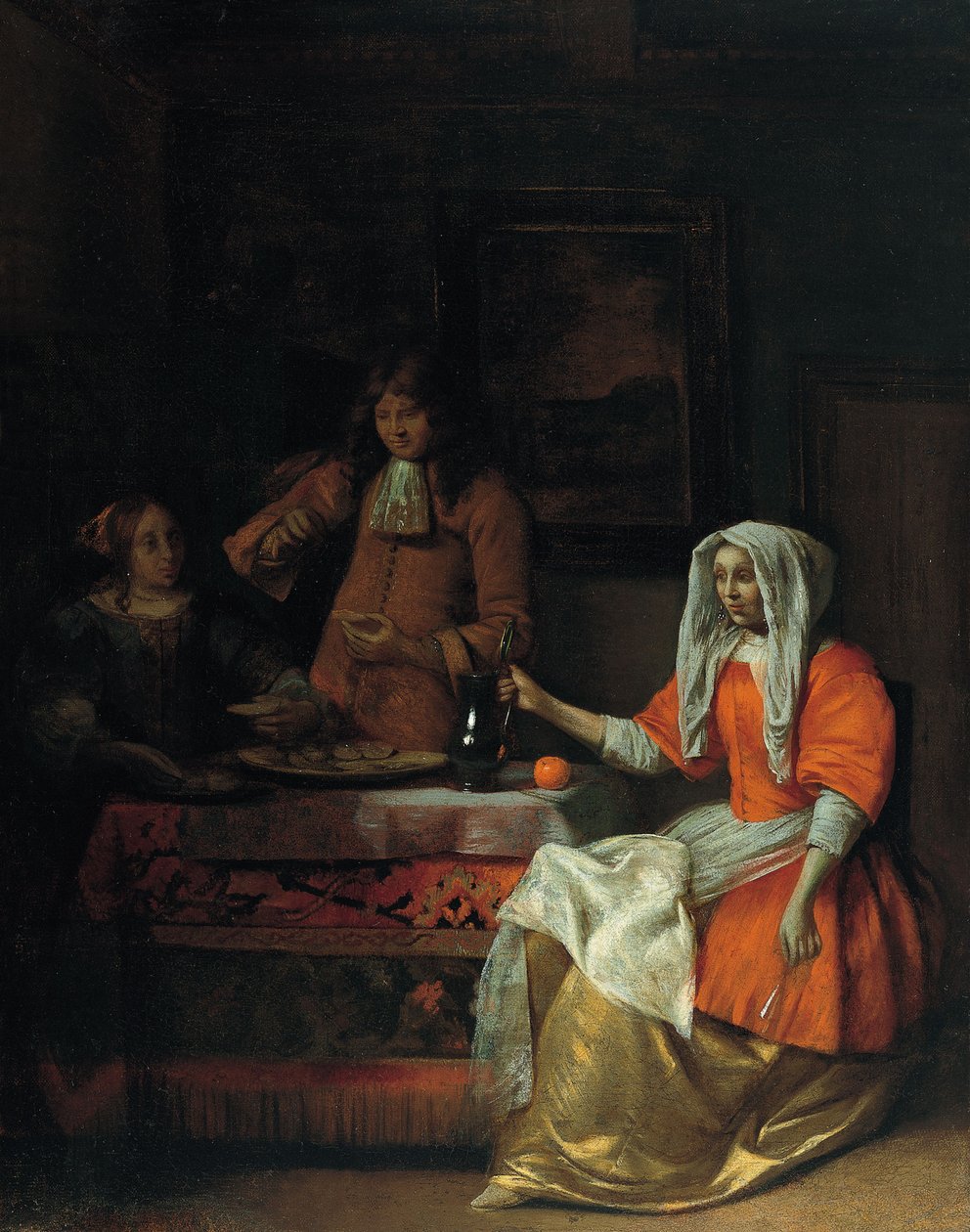 Belső tér két nővel és egy férfival, aki osztrigát iszik és eszik alkotó: Pieter Hooch de