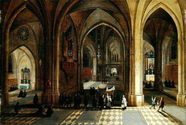Gótikus katedrális belseje körmenettel (olaj, tábla) alkotó: Pieter II and Franken Frans II Neefs