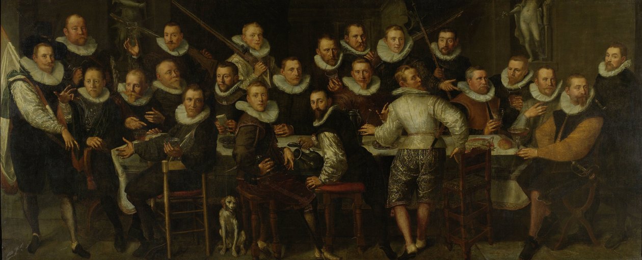 Gillis Jansz Valckenier kapitány és Pieter Jacobsz Bas hadnagy társasága, Amszterdam, 1599 alkotó: Pieter Isaacsz.