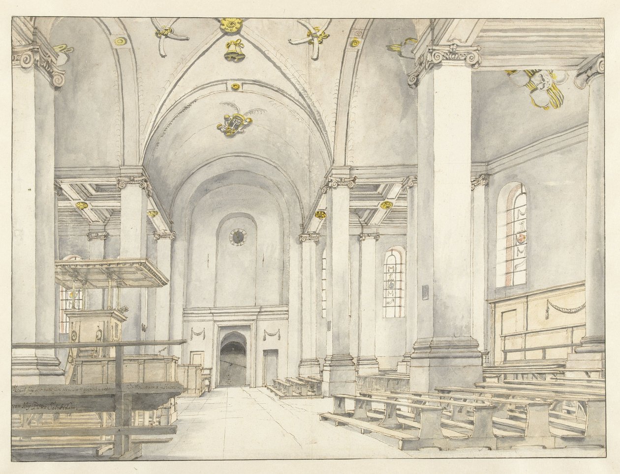 Kilátás a Nieuwe Kerk hajójára, Haarlem, nyugatra nézve alkotó: Pieter Jansz Saenredam
