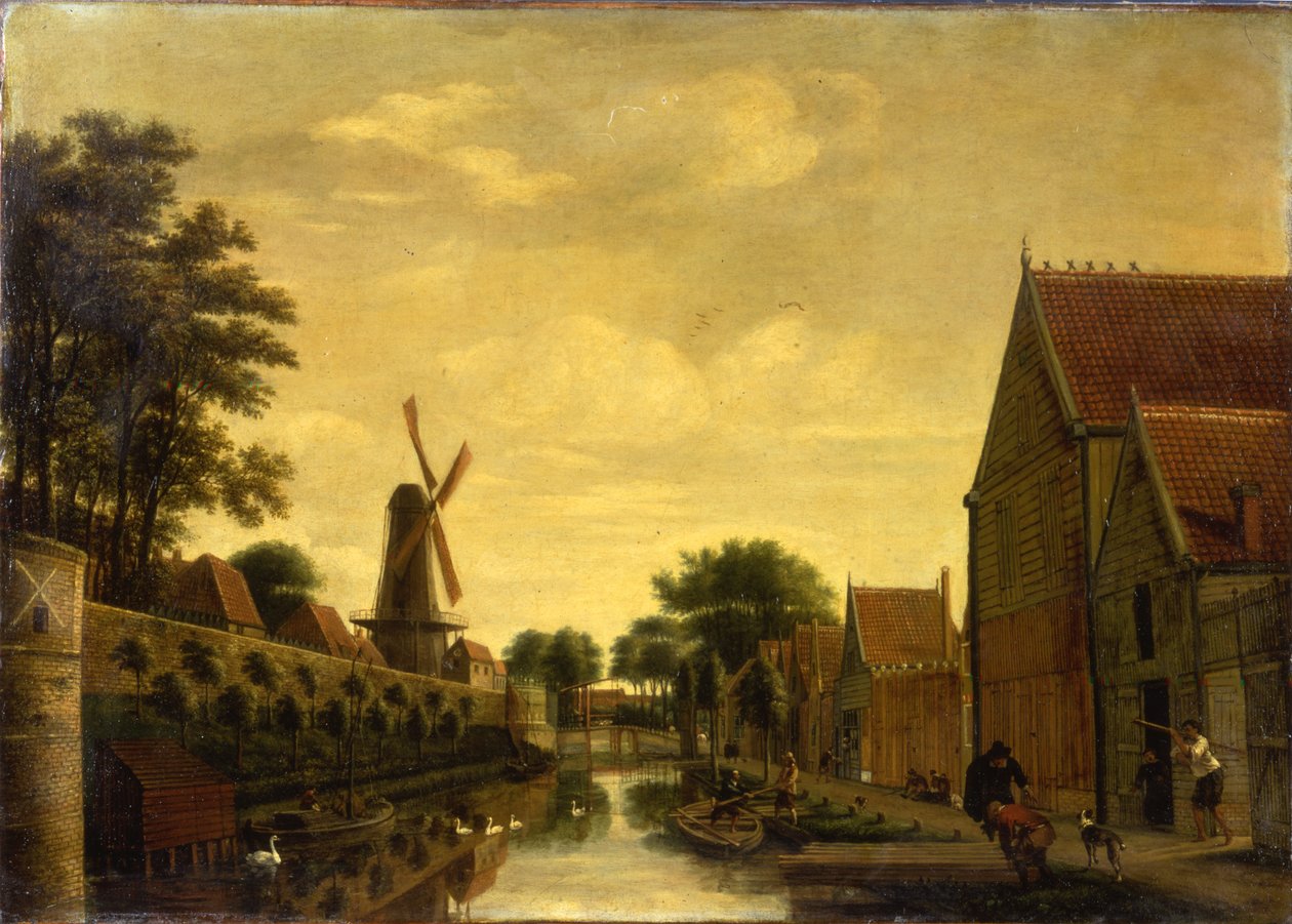 Csatorna a városfal mellett fát kirakodó munkásokkal, 1650 körül alkotó: Pieter Jansz. van Asch
