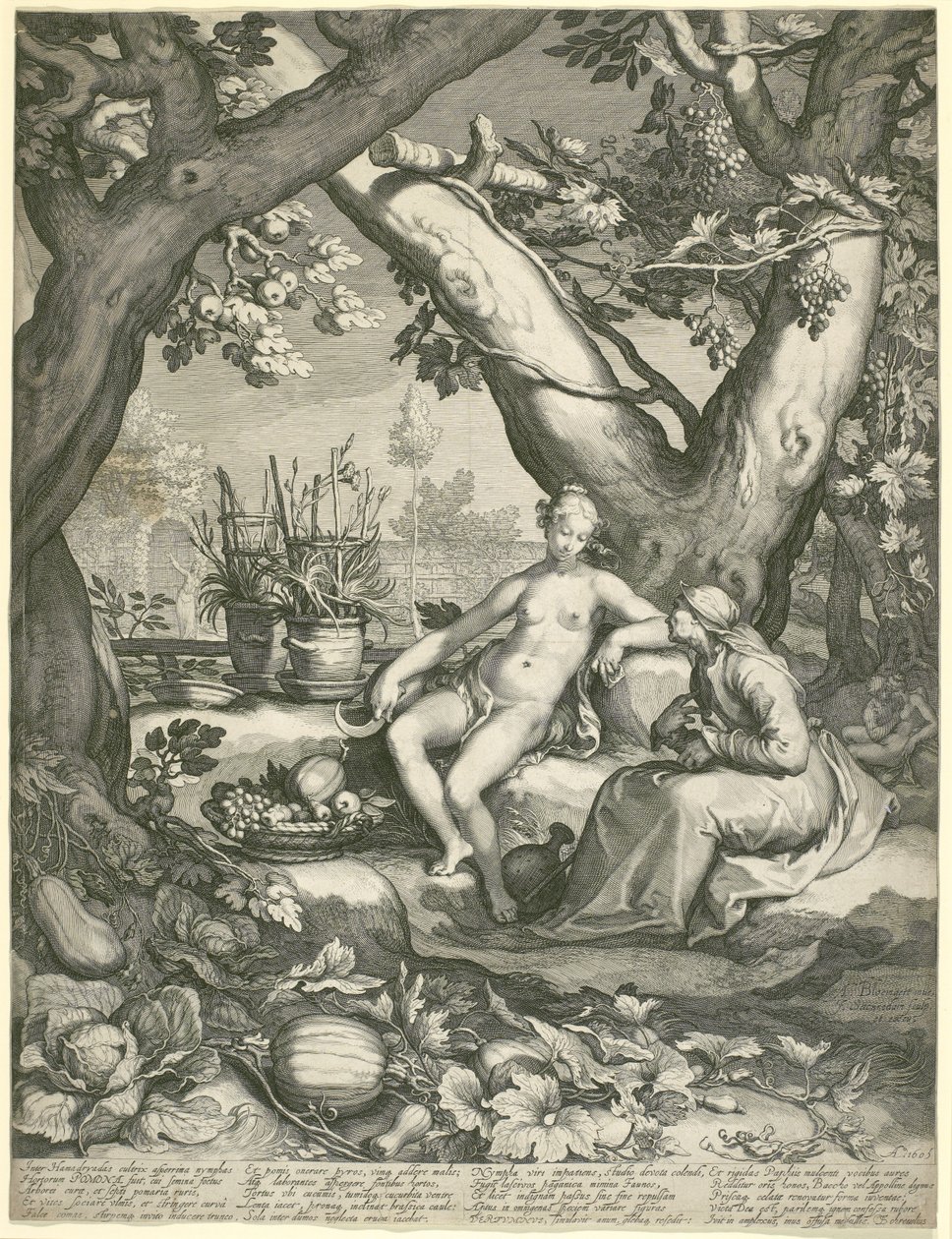 Vertumnus kölcsönkéri egy öregasszony alakját, hogy megnyerje Pomonas szerelmét, 1605 (metszet fektetett papírra) alkotó: Pieter Janszoon Saenredam