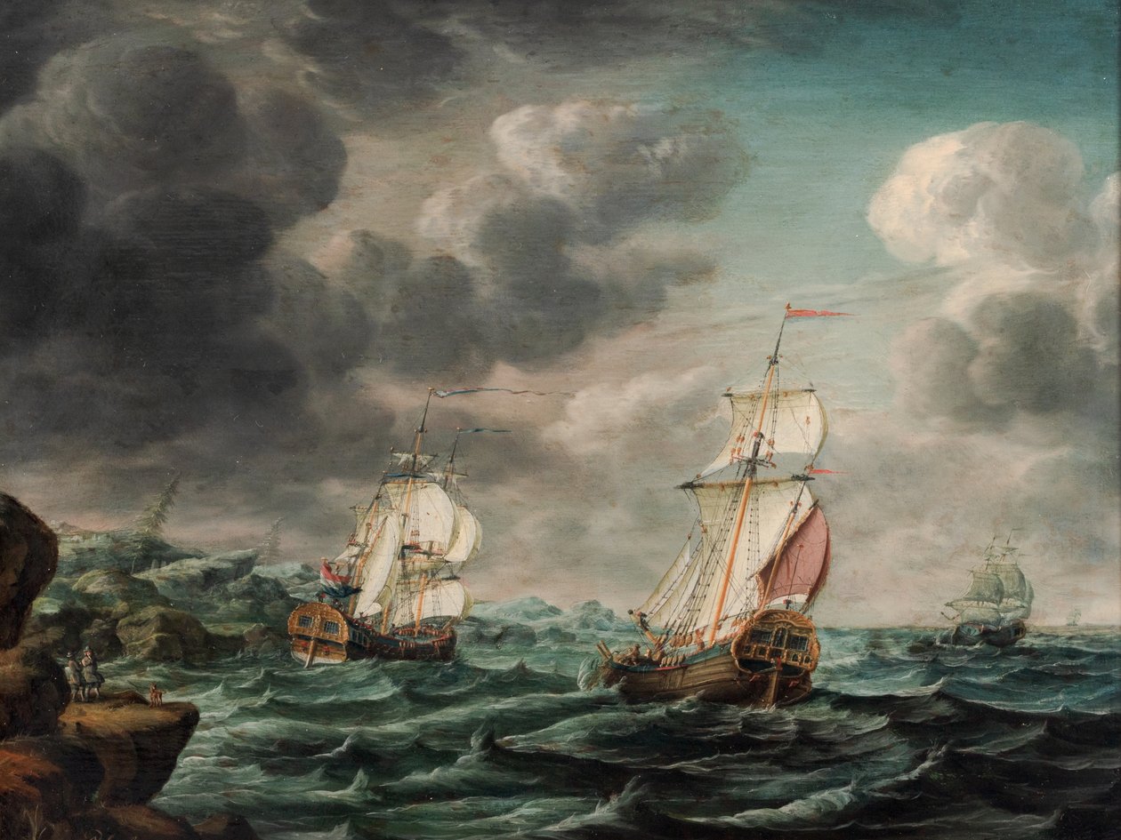 Egy holland man-o’ háború és kereskedelmi hajók egy sziklás hegyfoknál alkotó: Pieter Jochums Lofvers