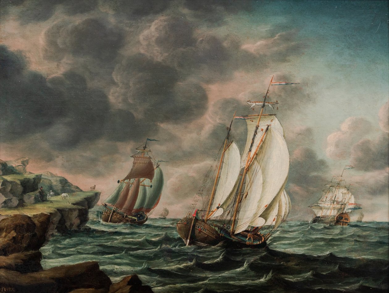 A holland kereskedő furulyák a tengerparton, egy sziklás partvonal mellett alkotó: Pieter Jochums Lofvers