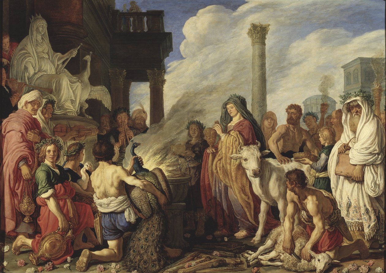 Didon (Elyssa, Elissa, Elisha, Elysha vagy Helissa) fait un sacrifice a Junon – Dido áldozata Junónak, Lastman, Pieter Pietersz. (1583-1633). Olaj, fa alkotó: Pieter Lastman