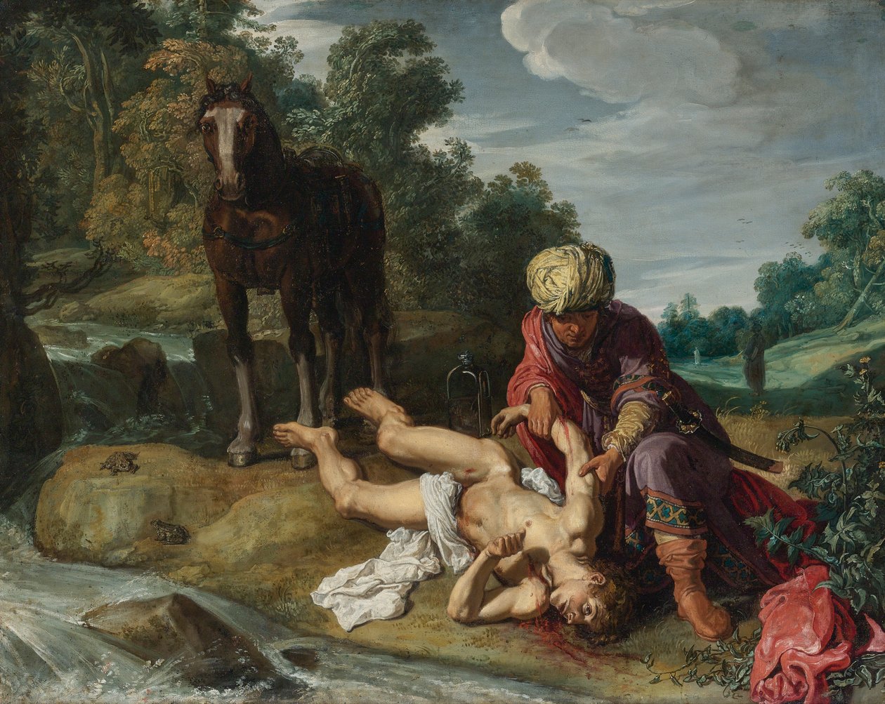 Az irgalmas szamaritánus ellátja az utazó sebeit (Lukács 10:25-37) alkotó: Pieter Lastman