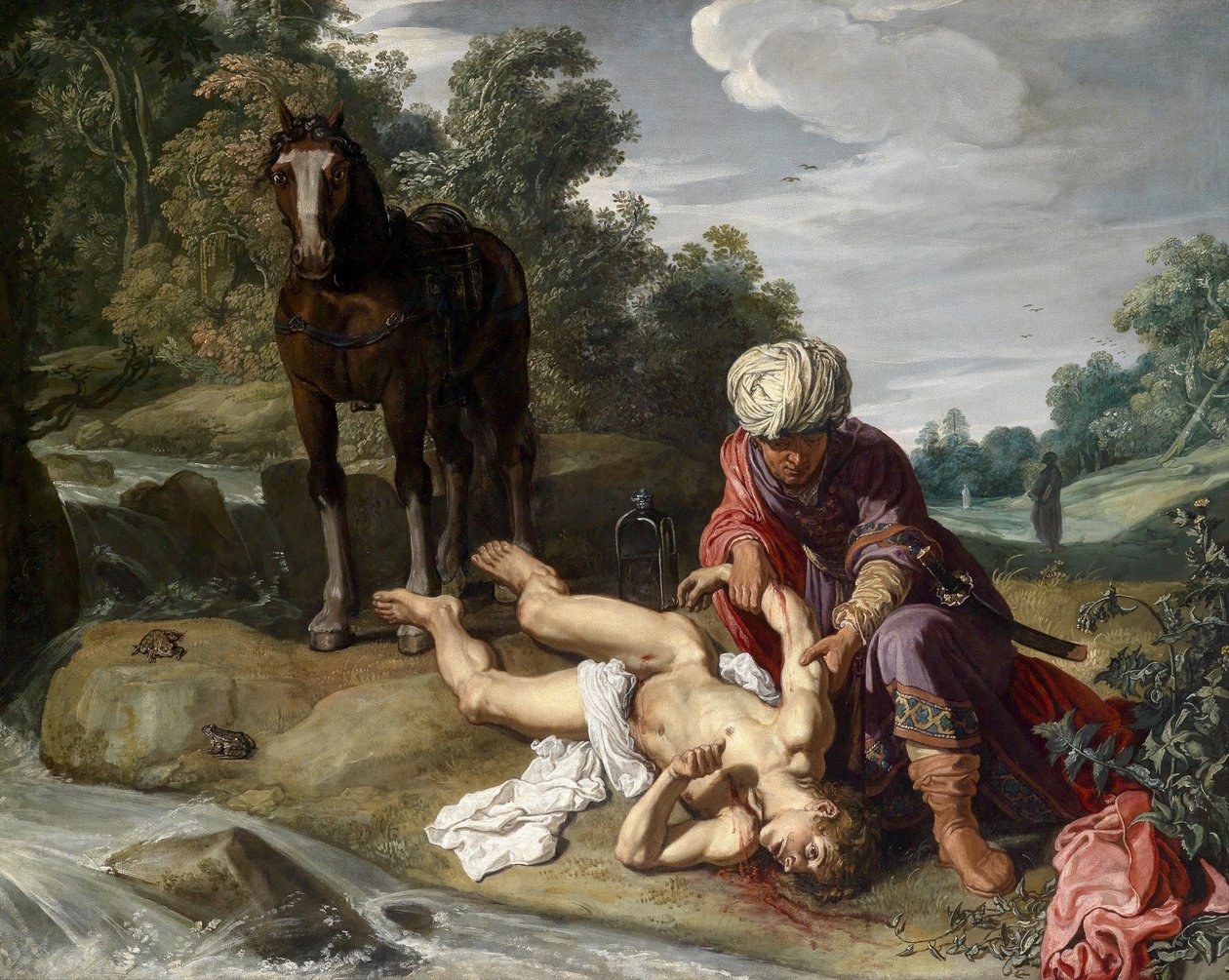 Az irgalmas szamaritánus ellátja az utazó sebeit (Lukács 10:25-37) alkotó: Pieter Lastman