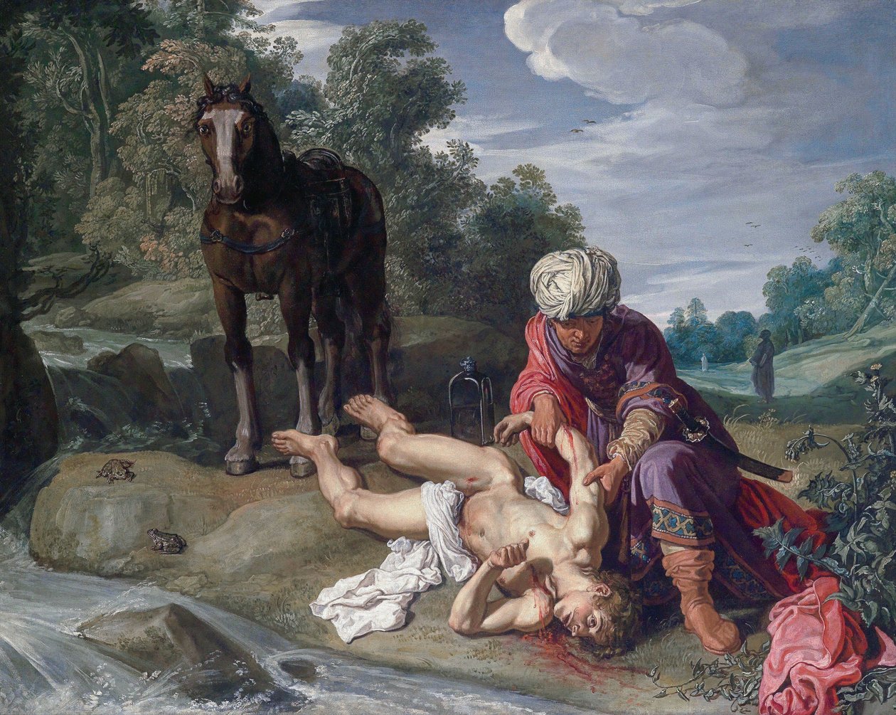 Az irgalmas szamaritánus ellátja az utazó sebeit (Lukács 10:25-37) alkotó: Pieter Lastman