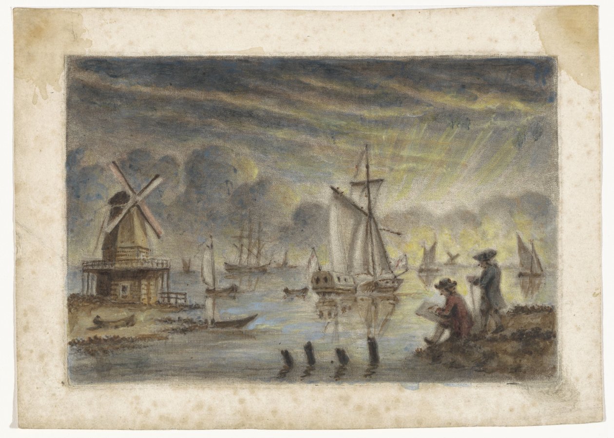 Tengerparti kilátás hajókkal, malom és rajzoló alkotó: Pieter Louw (attributed to)