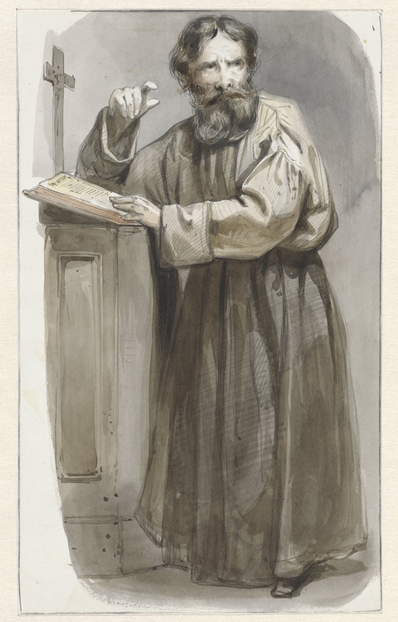 Álló klerikus a szónoki emelvénynél, feszülettel és bibliával alkotó: Pieter Marinus van de Laar (attributed to)