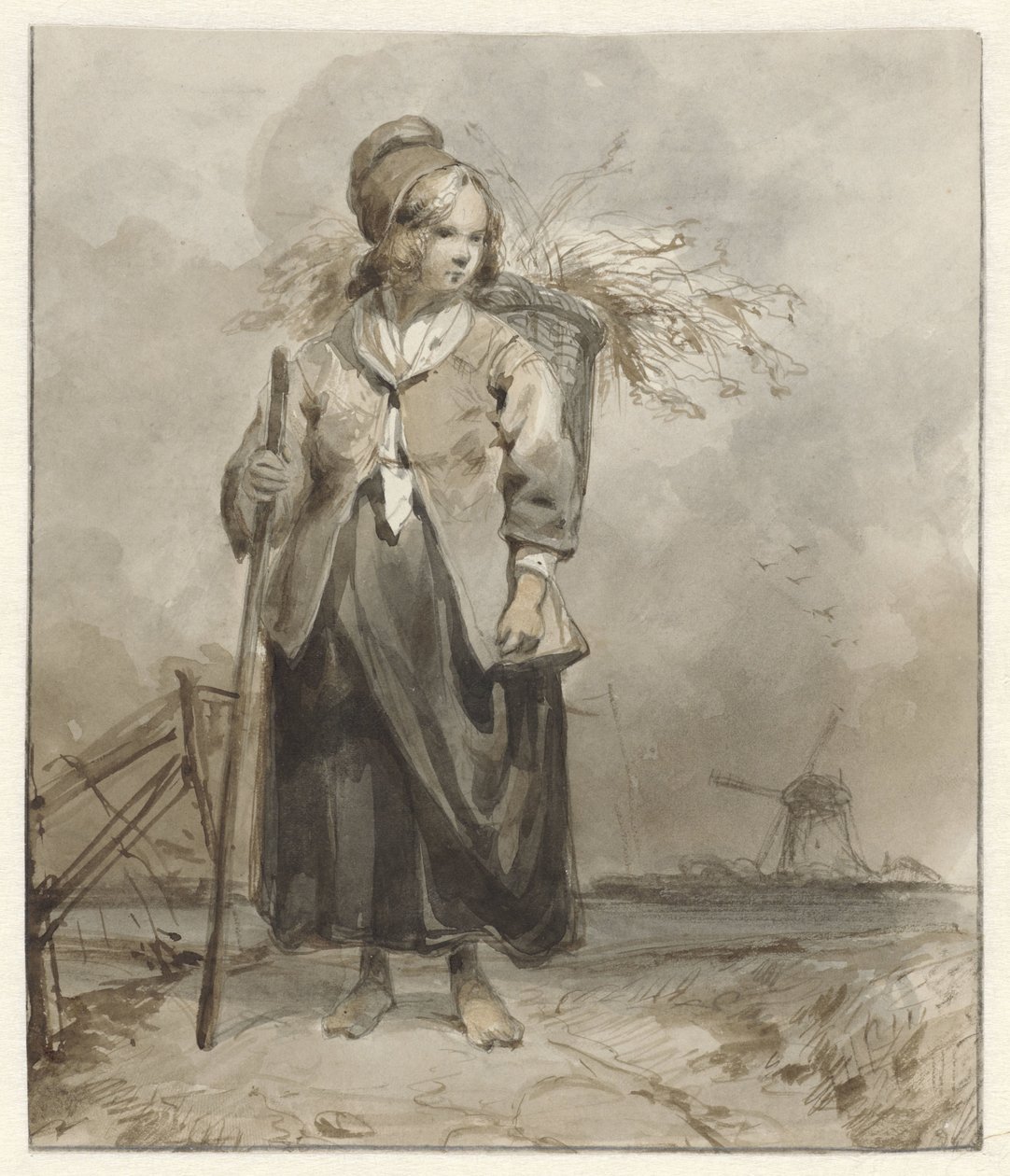 Álló nő bottal és kosárral a hátán alkotó: Pieter Marinus van de Laar (attributed to)