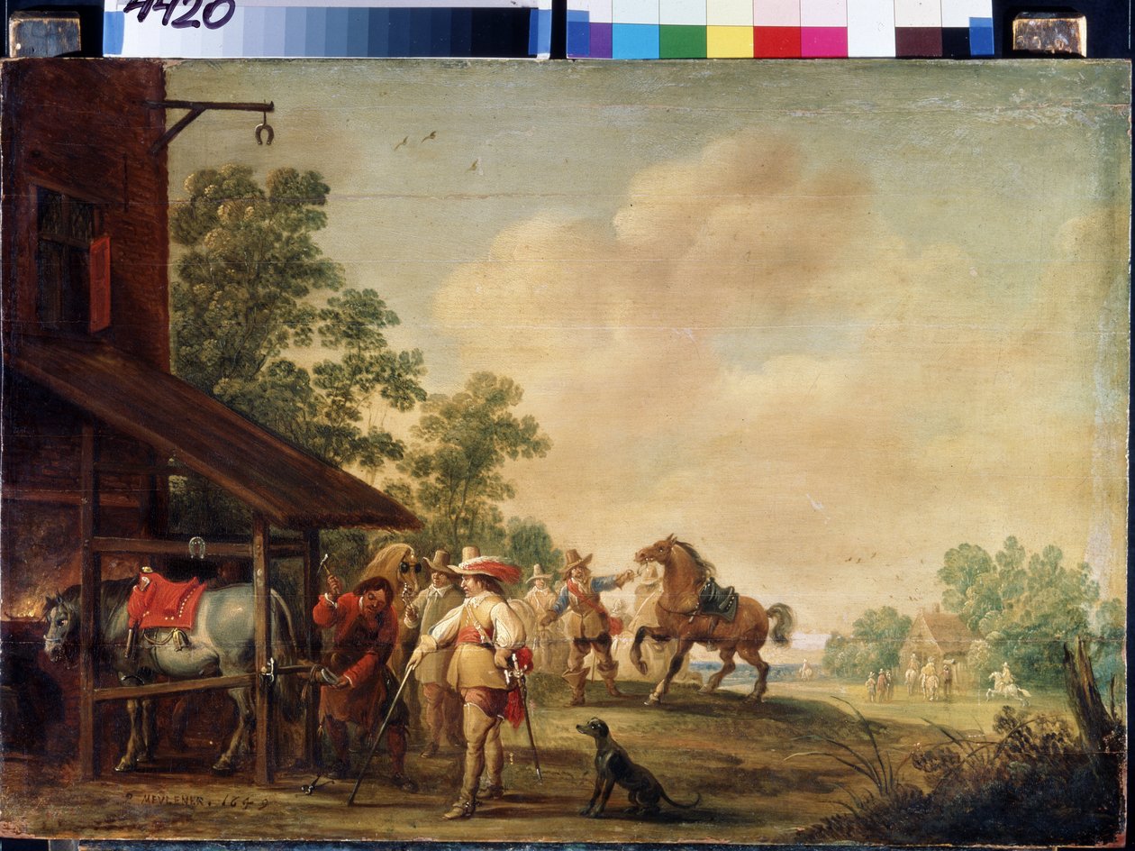 Forge (A Forge). Patkolókovács (patkolókovács), aki patkót húz. Pieter Meulenaer festménye (Peter vagy Pierre alkotó: Pieter Meulener