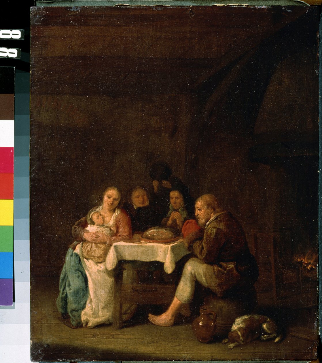 ""The Prayer Before Dinner" (The Prayer Before Dinner) A kegyelem pillanata egy szerény eszközökkel rendelkező holland család étkezése közben. Peeter Meulenaer (1602-1654) festménye 17. századi Mikhail Kroshitsky Művészeti Múzeum, Szevasztopol (Szevasztopo alkotó: Pieter Molenaer