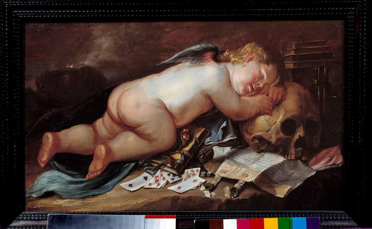 Szeretek a halál fején aludni. Pieter Moninckx (1606 - 1686) festménye (vanite) Ec. Nagyzolás. alkotó: Pieter Moninckx