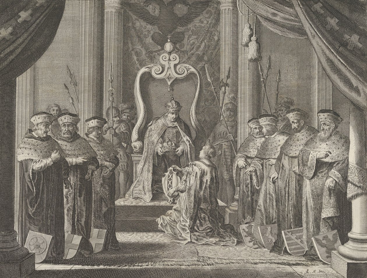 8. tábla: II. Maximilian császár koronát adományoz Amszterdam címerének, Cas...-ból, 1638. alkotó: Pieter Nolpe