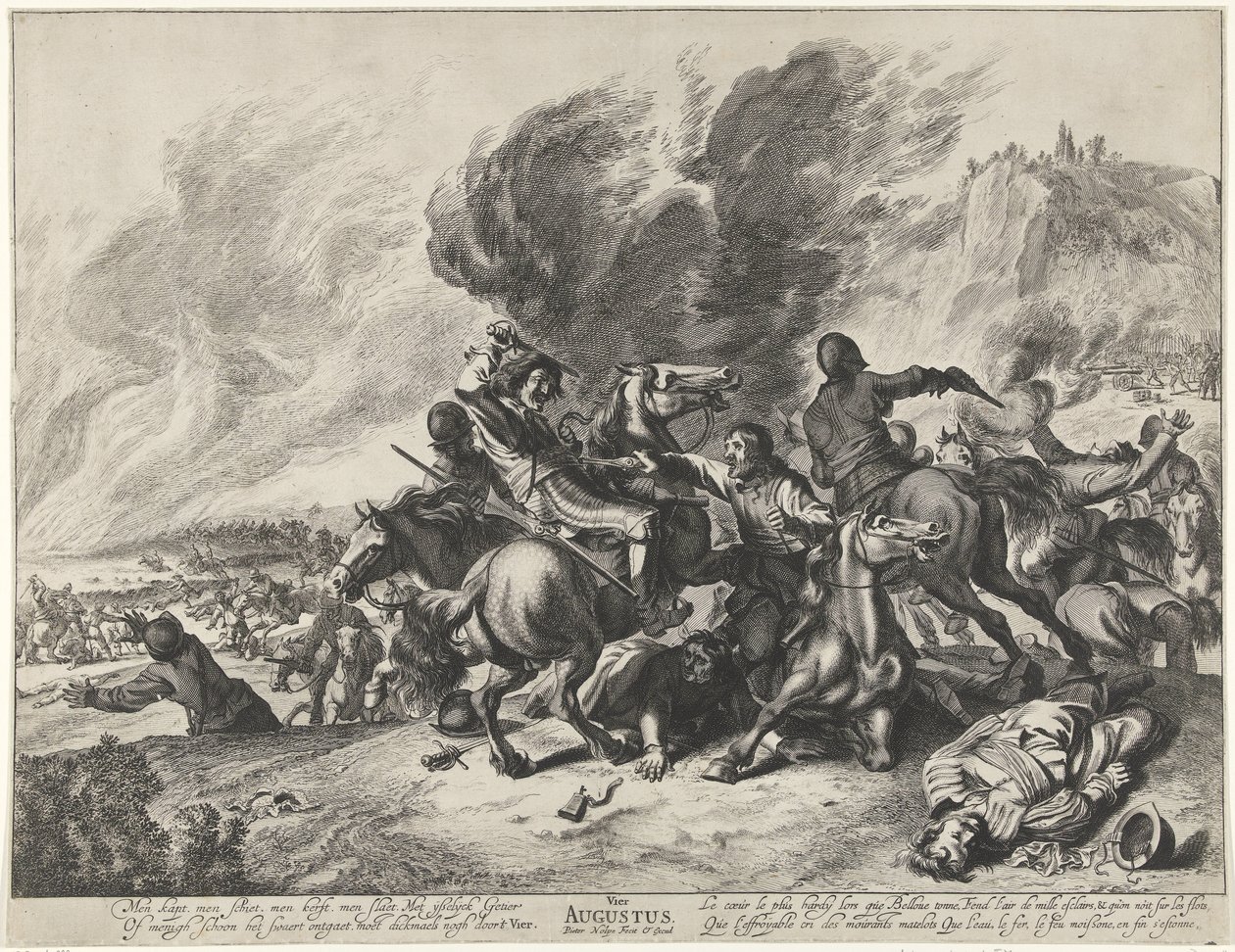 Csata: augusztus hónap és a tűz eleme Augusztus 4. (cím a tárgyon) Tájképek a hónapokkal, elemekkel és évszakokkal (sorozat címe) alkotó: Pieter Nolpe