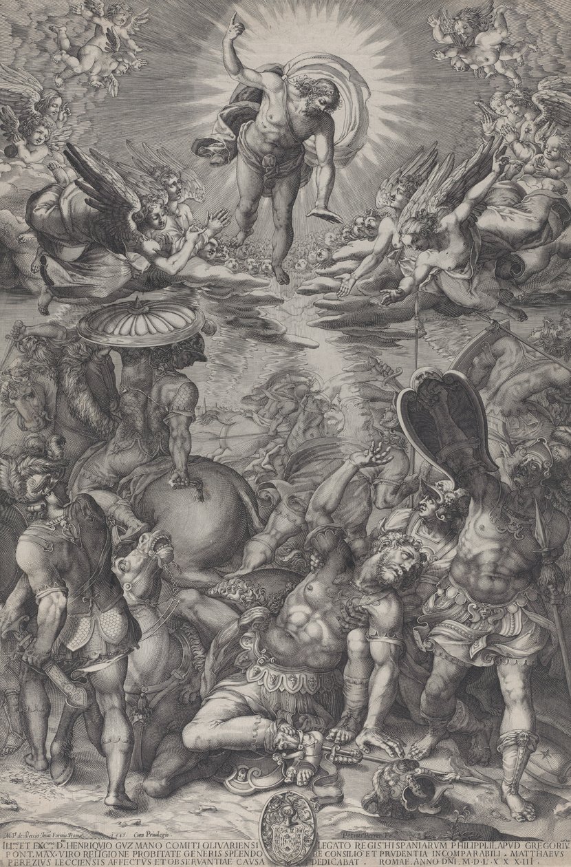Saul megtérése, aki Krisztusként fekszik a földön lovakkal és katonákkal körülvéve..., 1583 alkotó: Pieter Perret