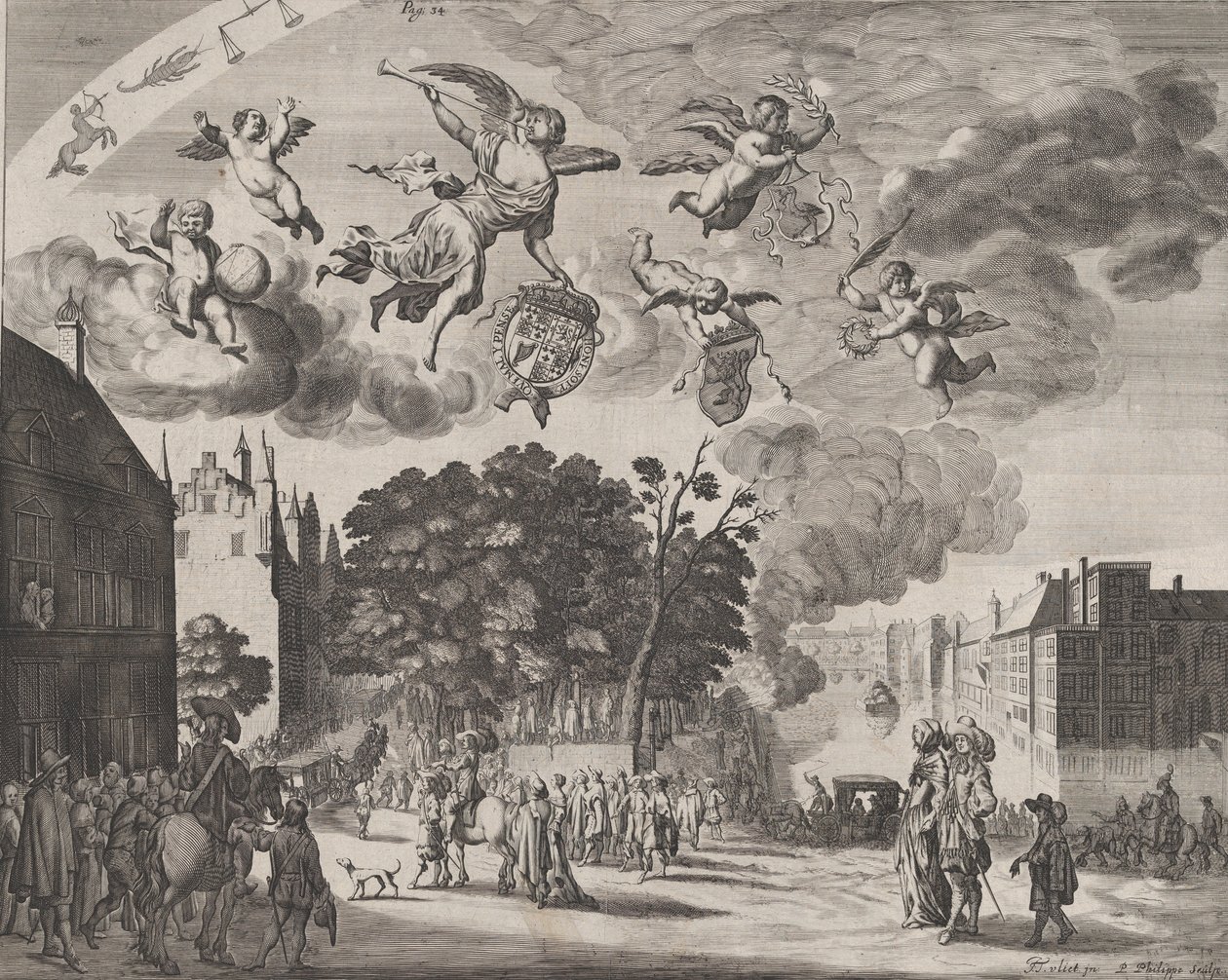 II. Károly beszáll Hágába egy hintón a Mauritshuisokkal a jobb oldalon, a Verha...-ból, 1660. alkotó: Pieter Philippe