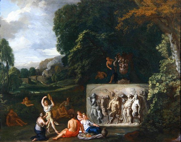 Klasszikus tájkép a szarkofág mellett táncoló leányzókkal, Silenus diadalát ábrázolva (olaj, vászon) alkotó: Pieter Rysbrack