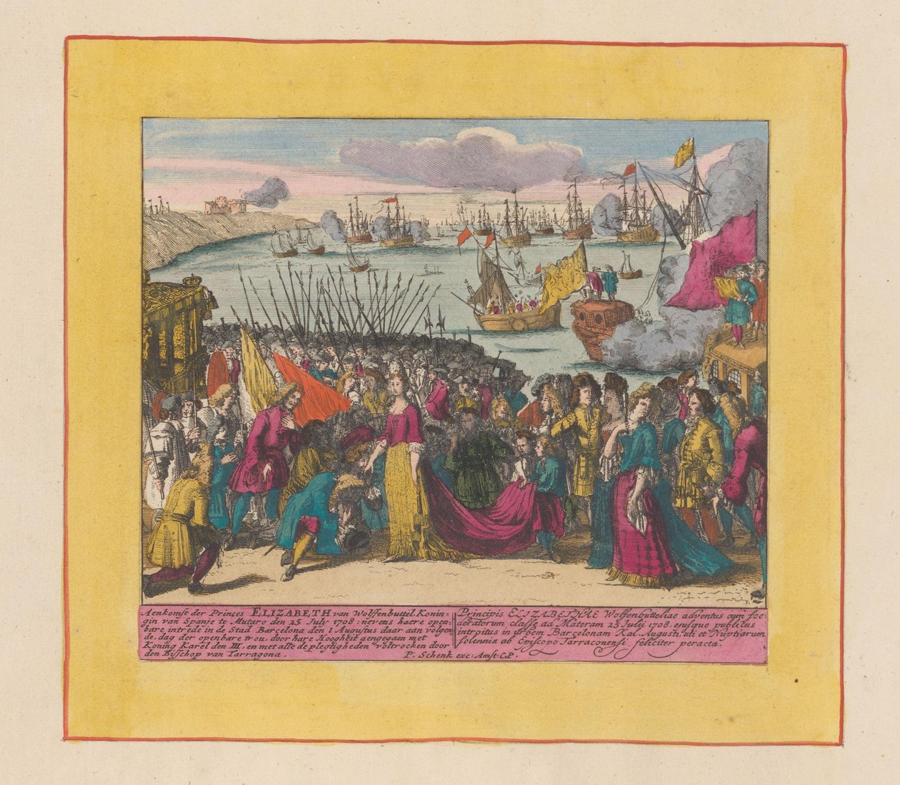 Elisabeth Christine van Wolfenbüttel hercegnő érkezése Mutaróba, 1708 Erzsébet van Wolfenbuttel hercegnő, spanyol királynő érkezése (...) (cím a tárgyon) A Háború Színháza, II. Károly király kezdete. Karel den I. királyig alkotó: Pieter Schenk (I)