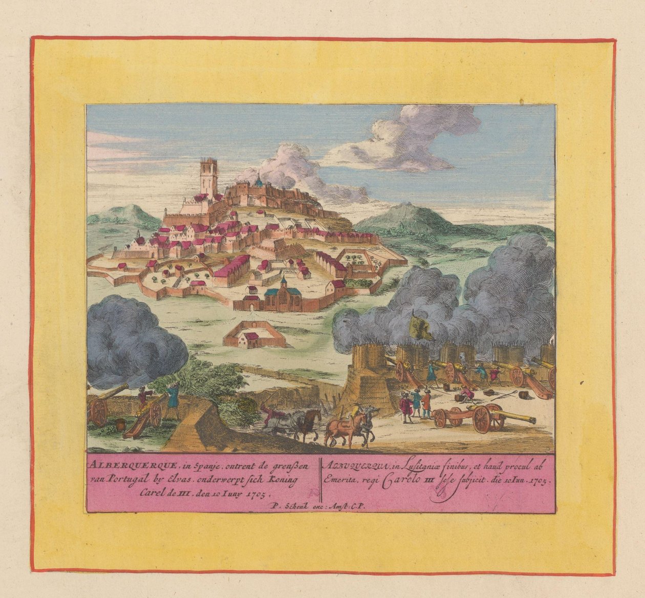 Albuquerque ostroma, 1705 Alberquerque Spanyolországban, Portugália határán, Elvasnál, 1705. június 10-én aláveti magát III. Carel királynak (cím a tárgyon) A Háború Színháza, II. Károly király kezdete. Találkozunk a King Karban alkotó: Pieter Schenk (I)