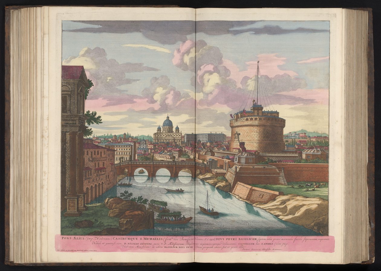 Engelenburcht, Sint-Pietersbasiliek en de Rivier de Tiber Aelius hídja (Hadrianus impulzusa) és Szent Mihály vára (...) (cím a tárgyon) alkotó: Pieter Schenk (I)