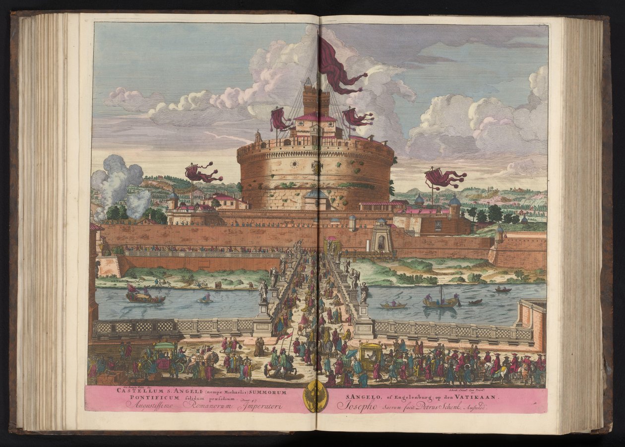 Engelenburcht aan de rivier de Tiber te Róma A legmagasabb Szent Angeli (nevezetesen Michaelis) kastély (...) (cím a tárgyon) alkotó: Pieter Schenk (I)