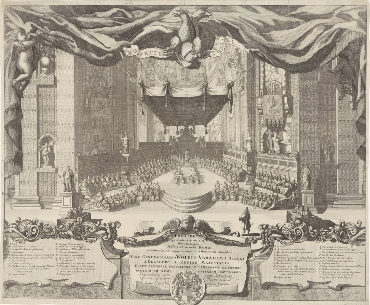 Gezicht in de Sint-Pietersbasiliek Színház, amely a római város Szent Péter-templomában történt bűncselekményeket ábrázolja (cím a tárgyon) alkotó: Pieter Schenk (I)